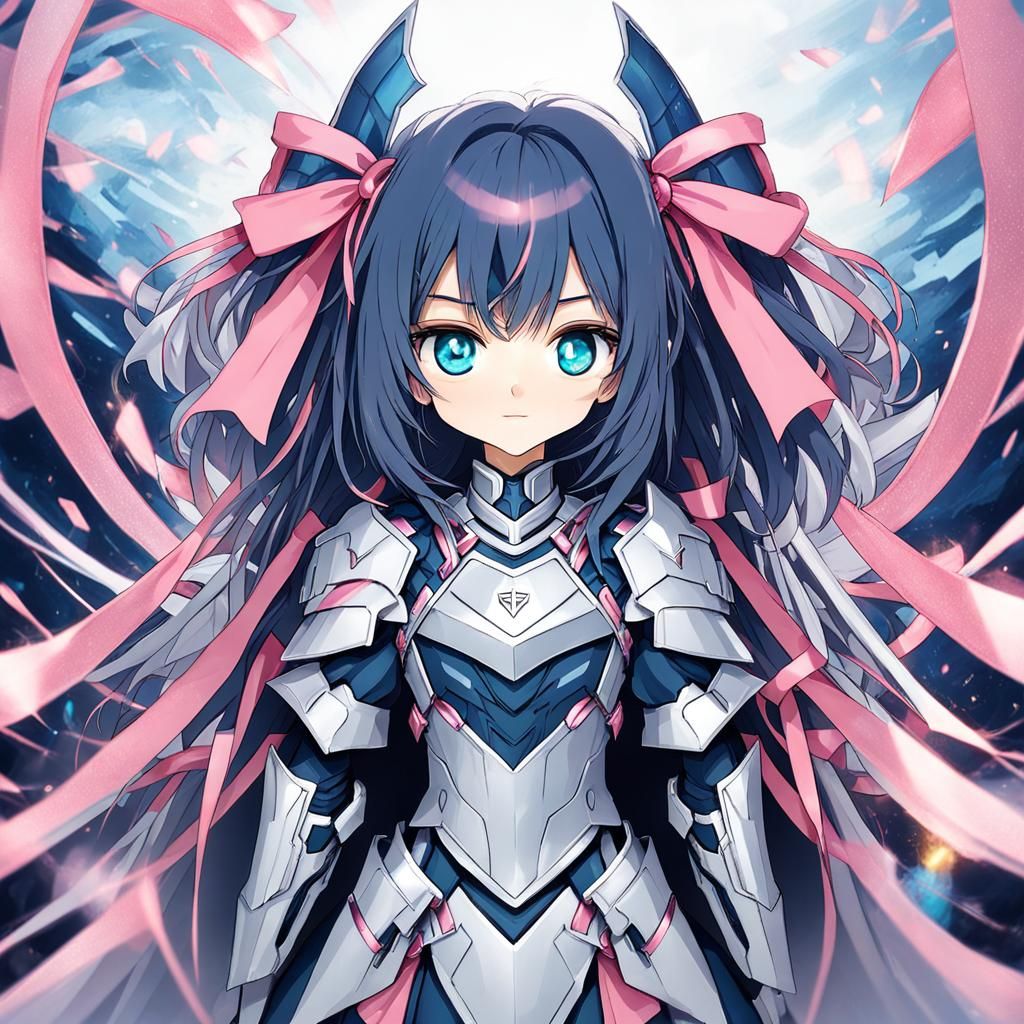 Cute Armored Girl with Blue Eyes and Pink Ribbon