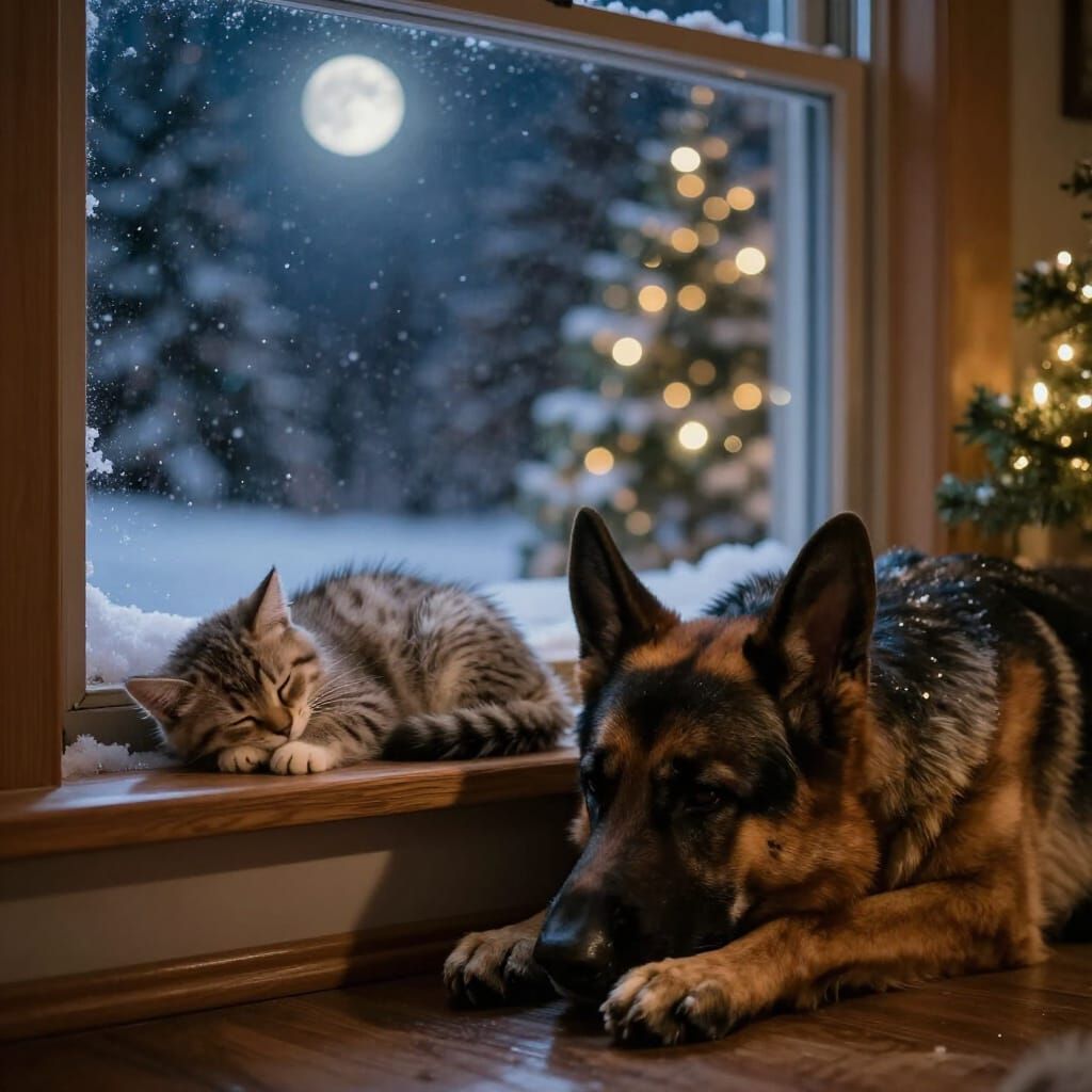 Cozy Christmas Eve Kitten and Dog Scene