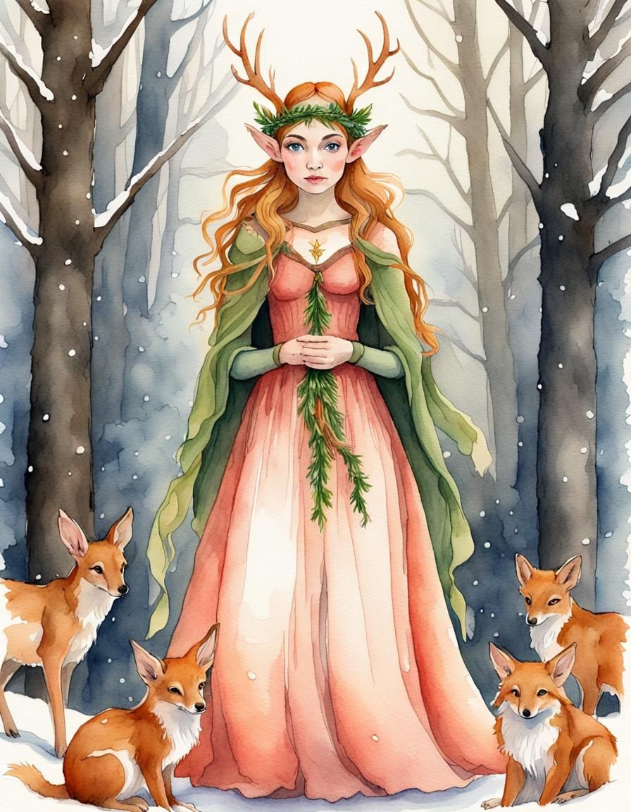 Woodland Elf Animal Goddess in Winter Watercolor