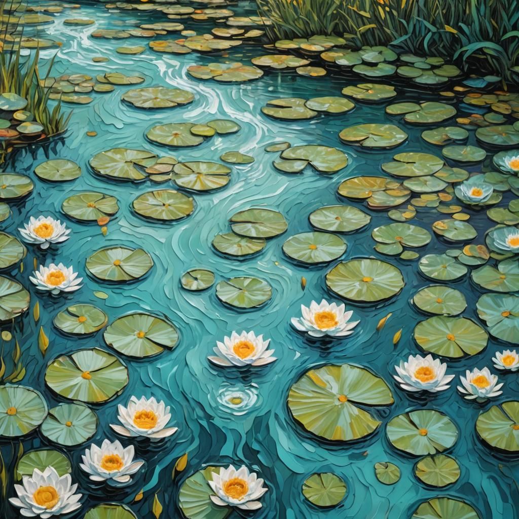 Turquoise River with Water Lilies in Impasto Style