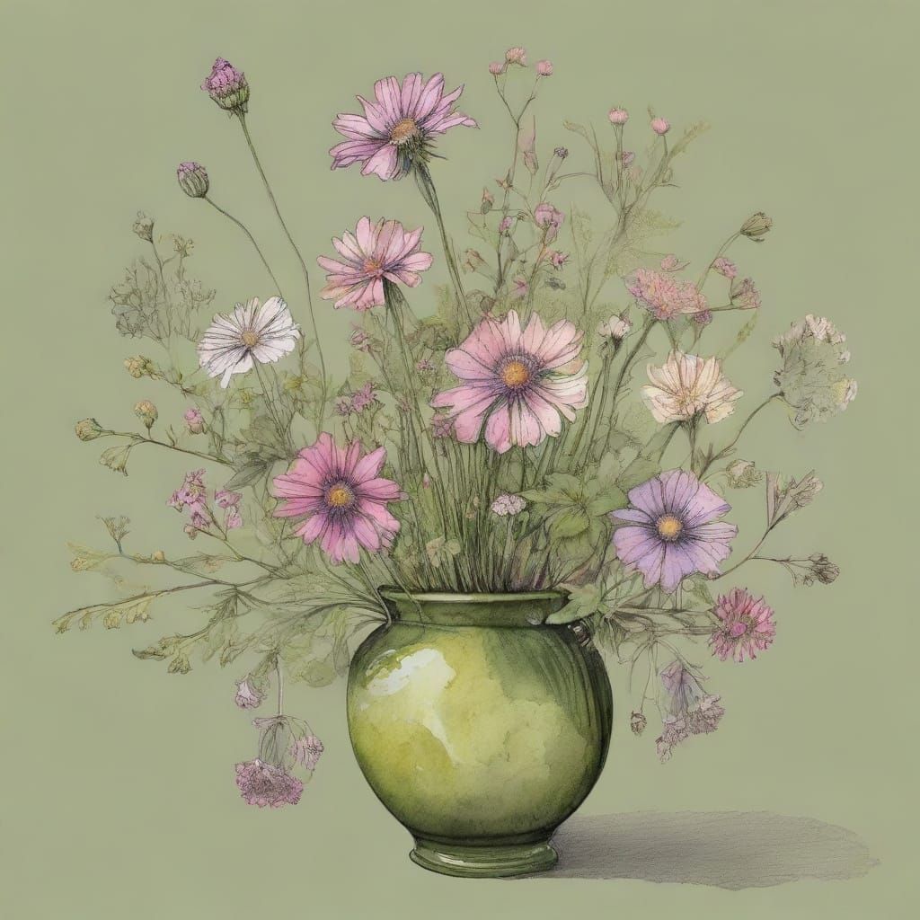 Wild Flowers in Stylized Watercolor and Ink Line Art