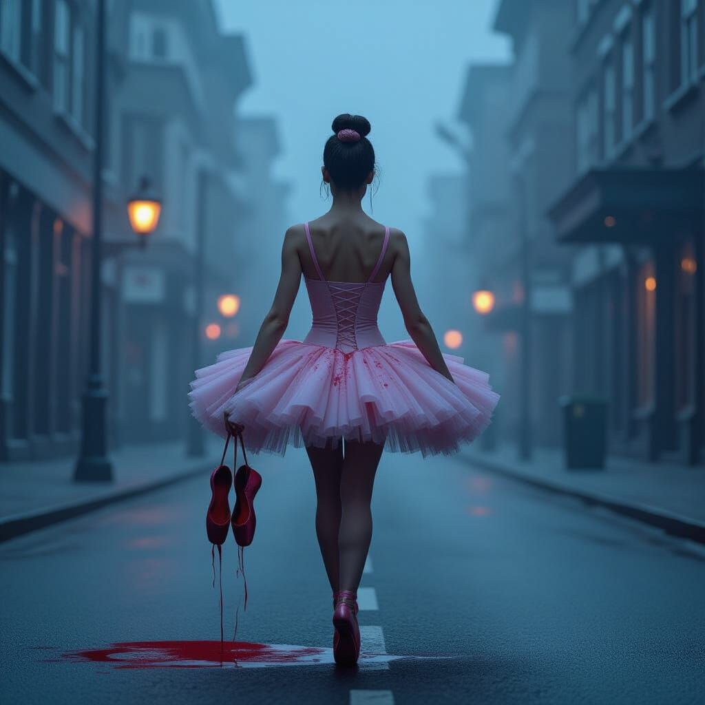 Ballerina on Foggy Street in Cinematic Style