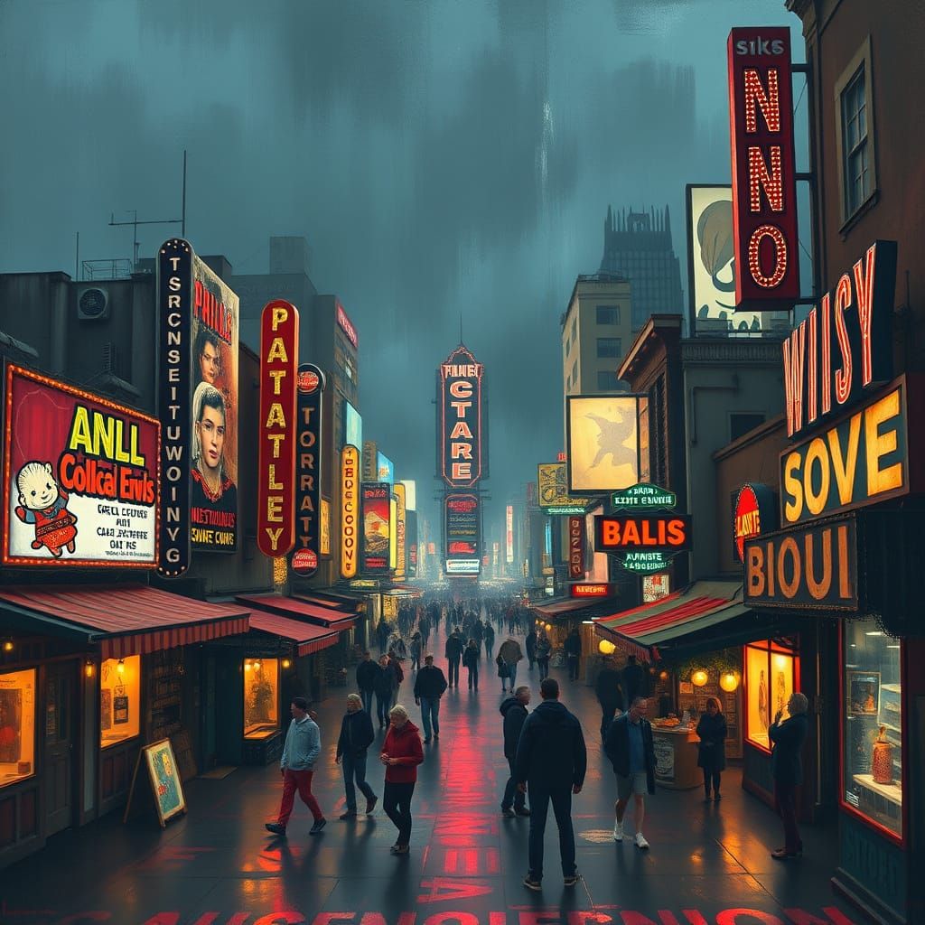 Town Square Lost to Commercialism in Neon-Hued Chaos