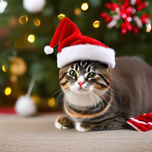 Festive Cat in Santa Hat by Christmas Tree