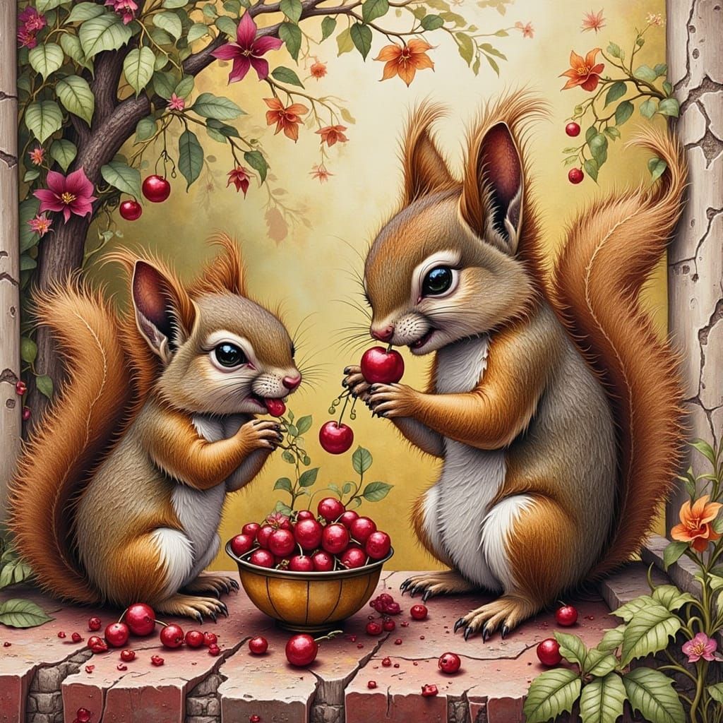 Squirrels Feast on Cherries: Chalk and Charcoal Drawing