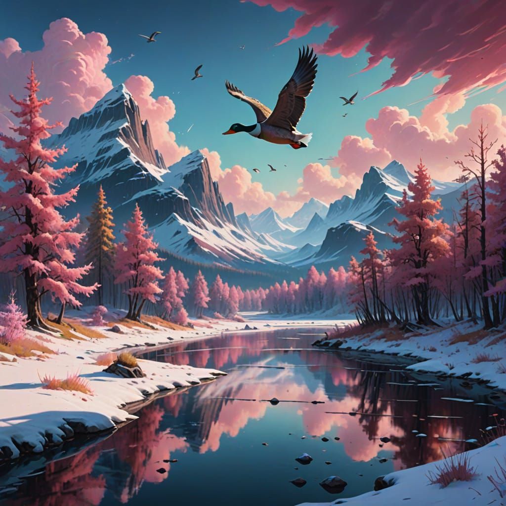 Majestic Ducks in a Pink Hued Winter Wonderland