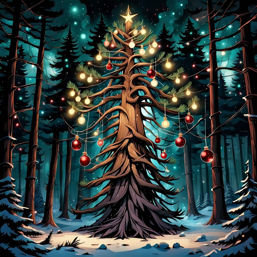 Strangled Christmas Tree in Dark Forest: Watercolor Art