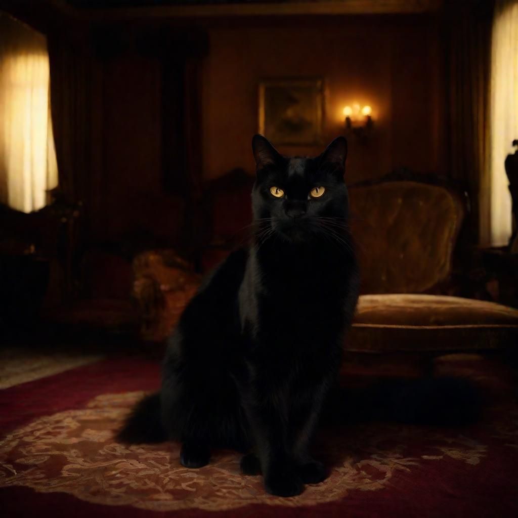 Elegant Black Cat in Luxurious Study