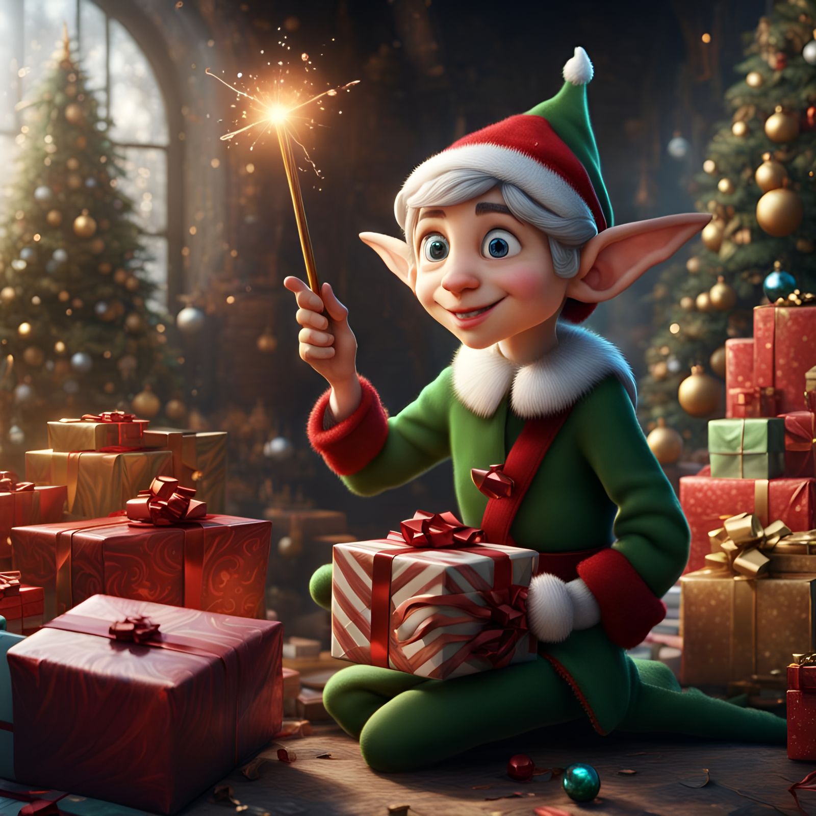 Elf Waving Wand Over Christmas Presents