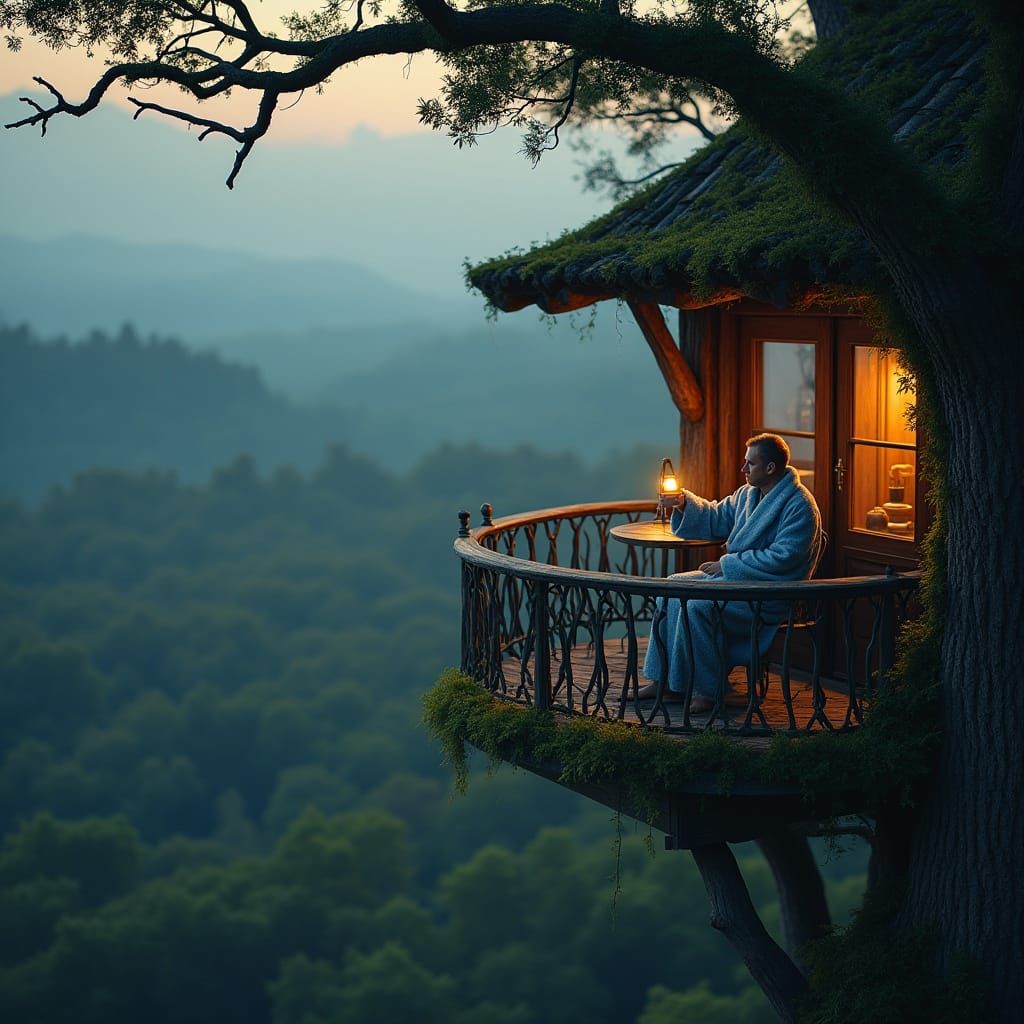 Man in Cozy Fuzzy Blue Robe Sits on Treehouse Balcony