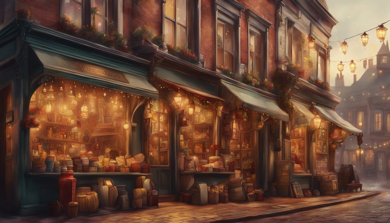 Whimsical Victorian Street Scene in Oil Painting Style