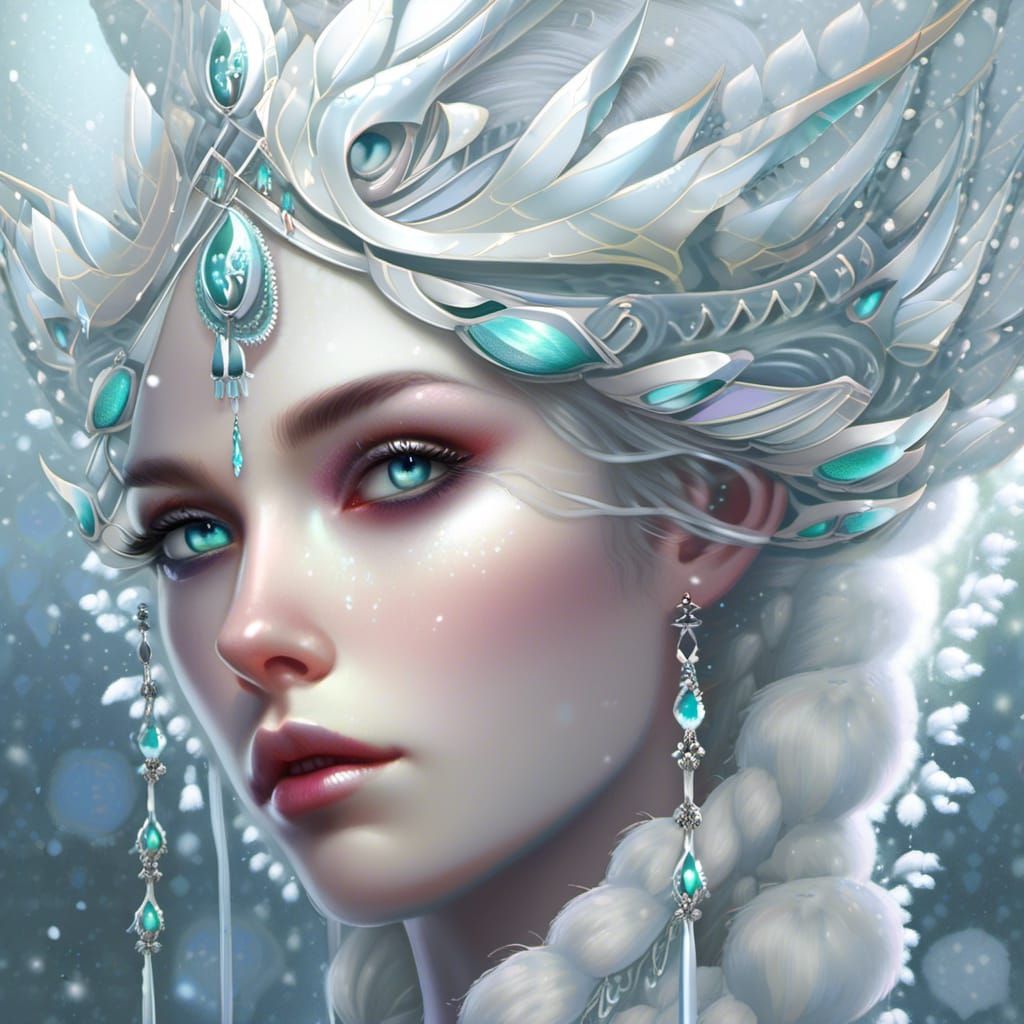 Icy Goddess Portrait with Crystal Eyes and Mercury Hair