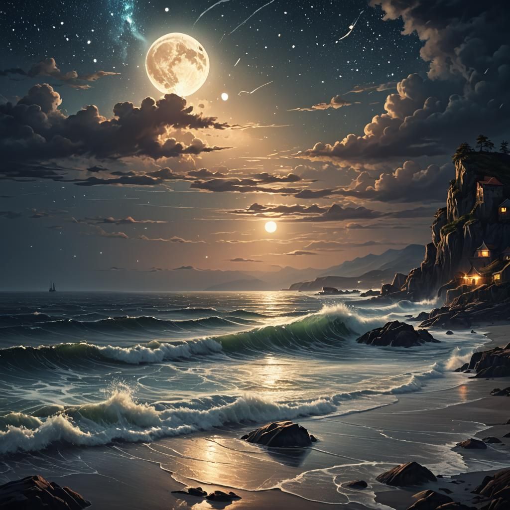 Summer Night Seascape in Detailed Fantasy Style
