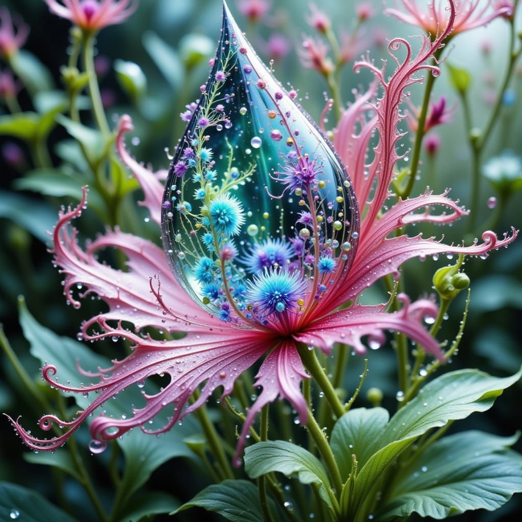 Intricate Dew Drop Filled with Microbes