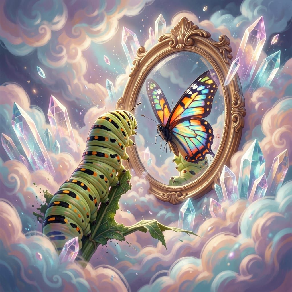 Caterpillar Sees Butterfly in Crystal Dream Clouds