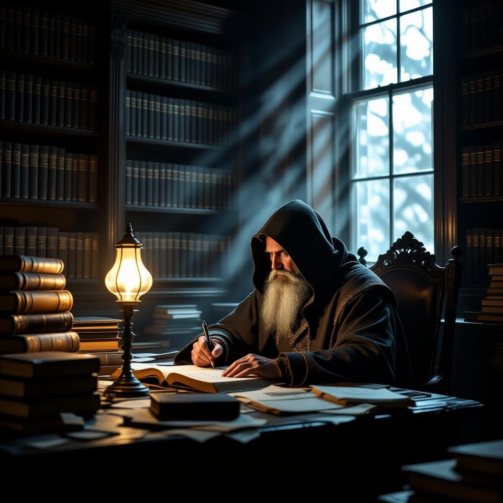 Scholar at Desk Under Lamp Light in Dark Fantasy Style