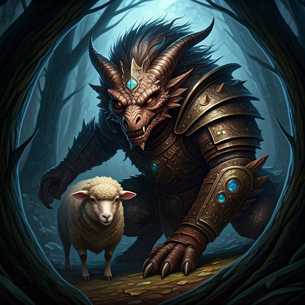Kobold in Tribal Armor Pursues Sheep in Moonlit Forest