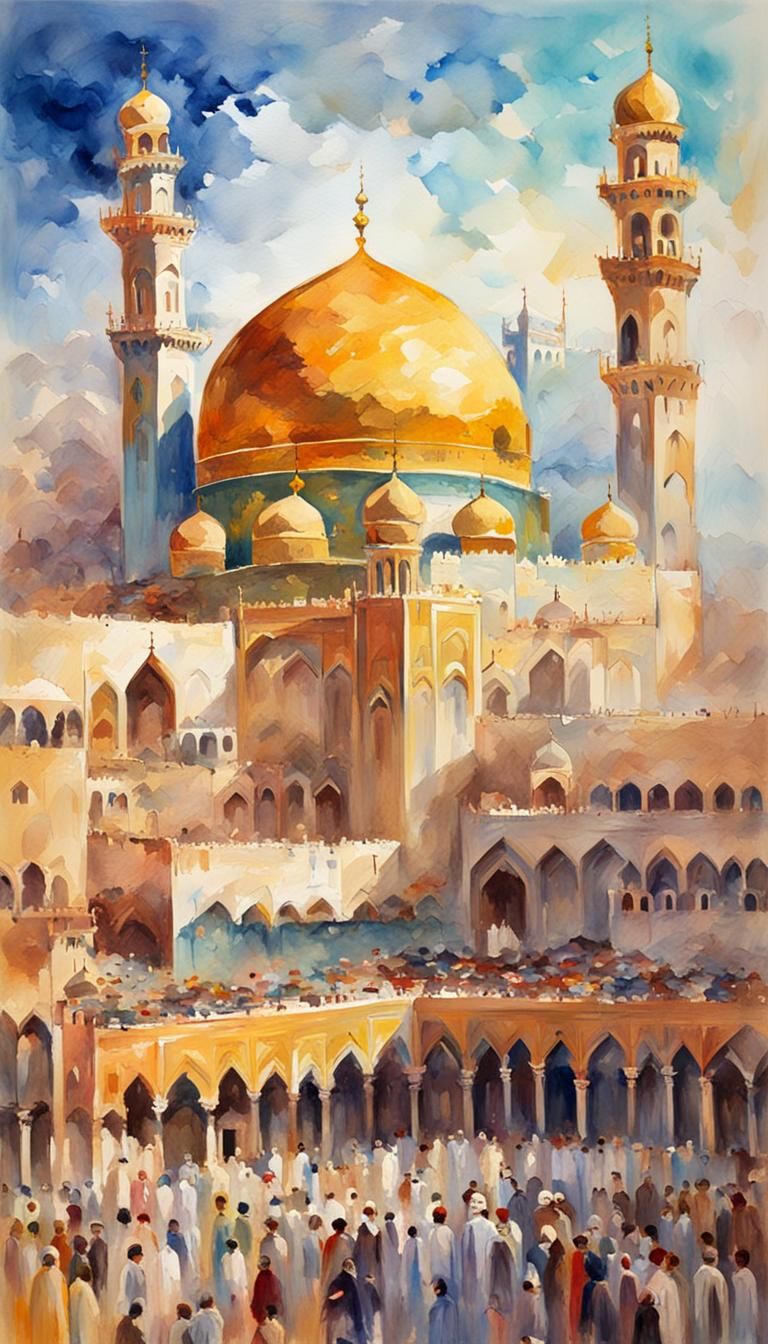 Mecca in Gouache Style Watercolor Impressionist Painting