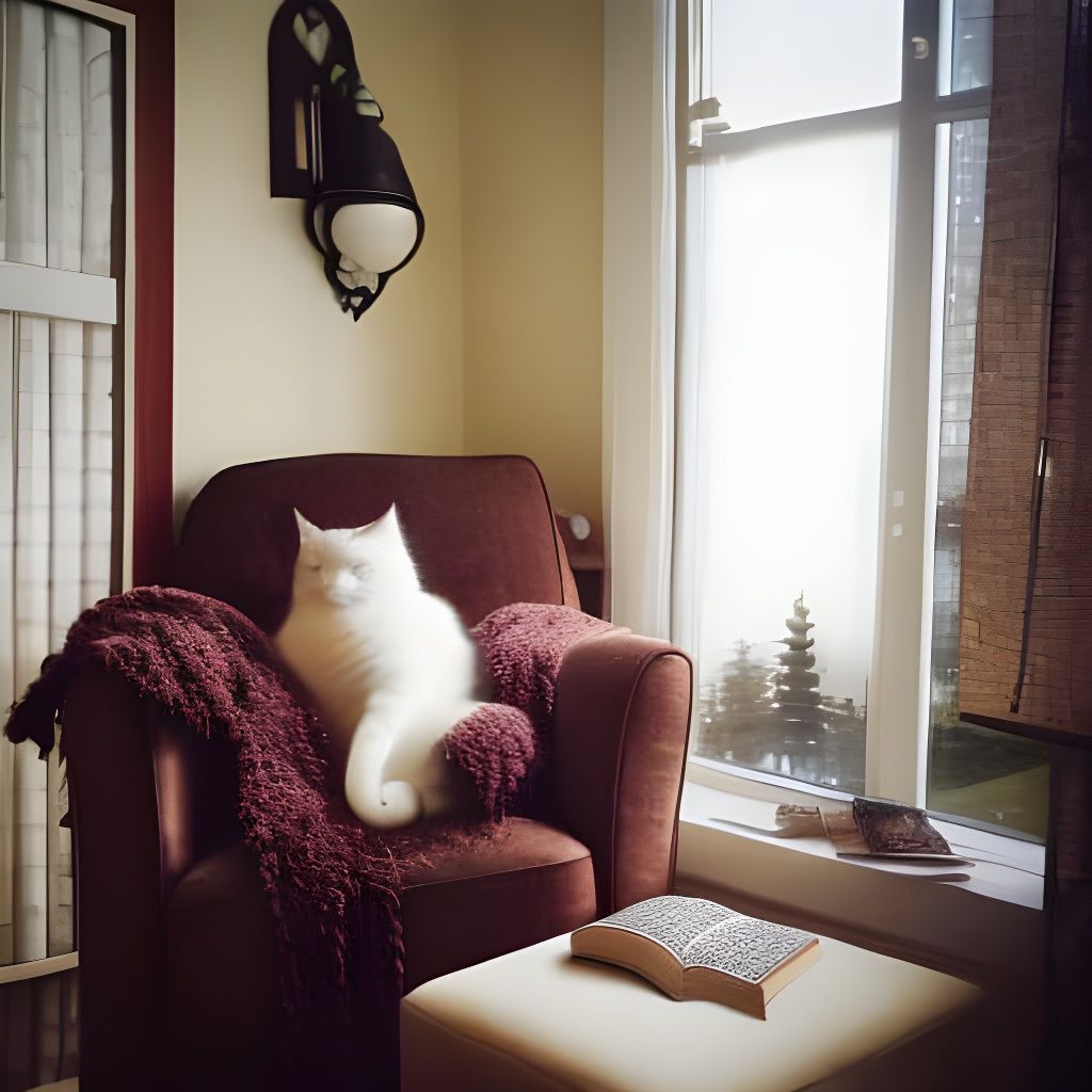 Contemplative Cat with Books in Quiet Scene