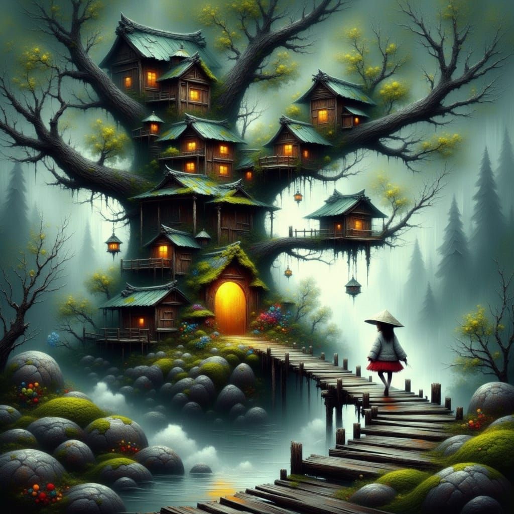 Magical Treehouse Village in Colossal Tree with Bioluminesce...