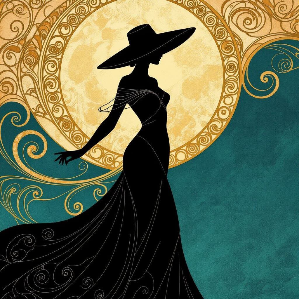 Elegant Silhouette in Art Nouveau Style with Gold and Teal