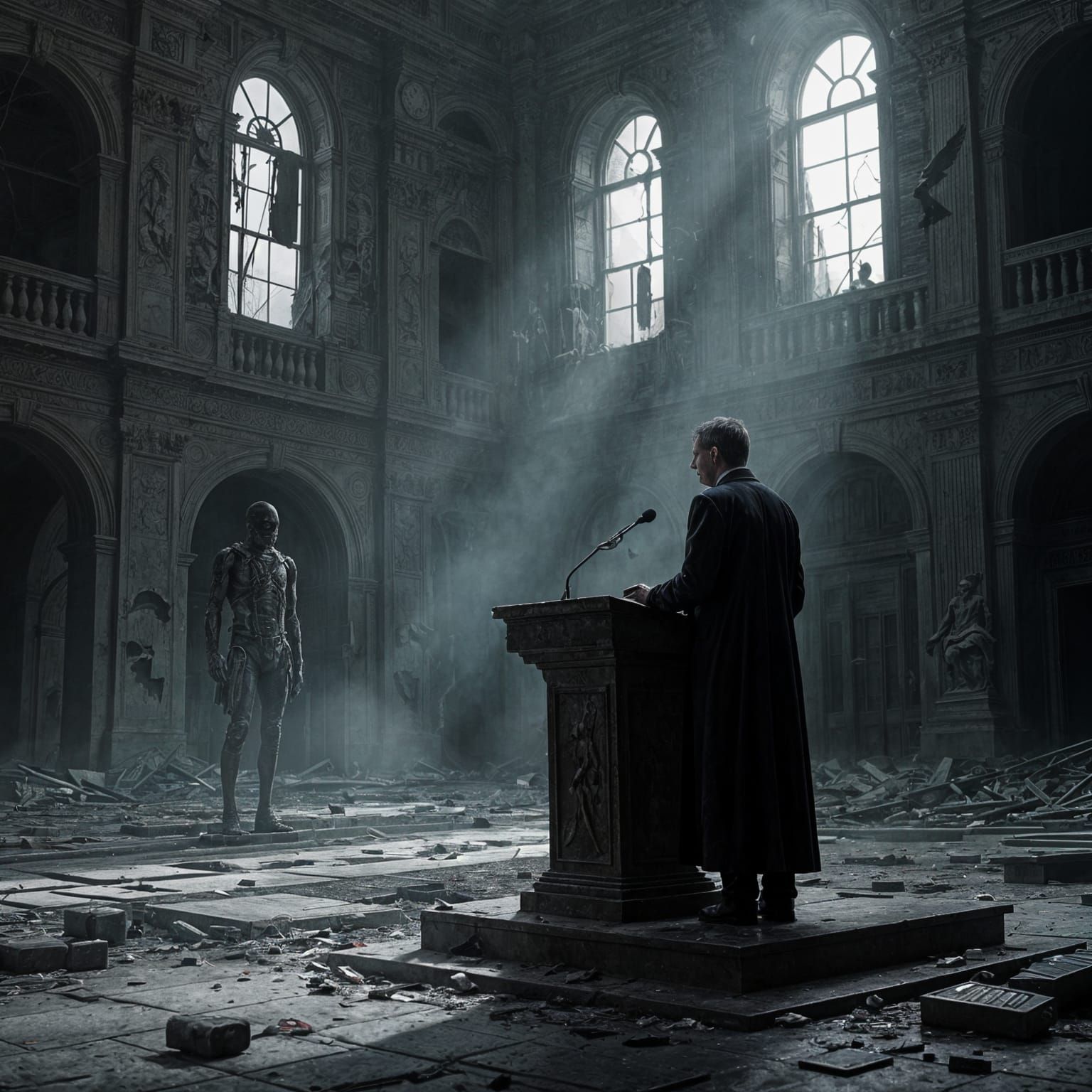 Politician's Speech in a Decaying Post-Apocalyptic City