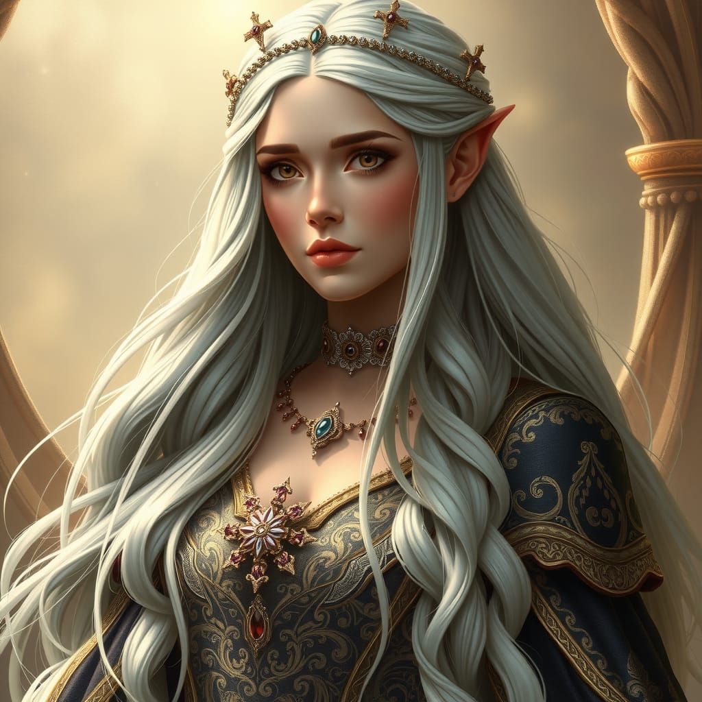 Regal Elven Queen Portrait in Dreamworks Style