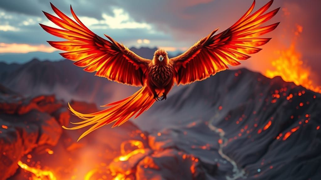 Majestic Phoenix Soaring Over Volcanic Landscape