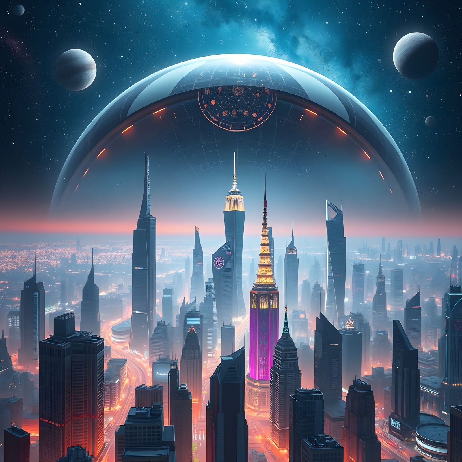 Cityscape Under Glass Dome in Space