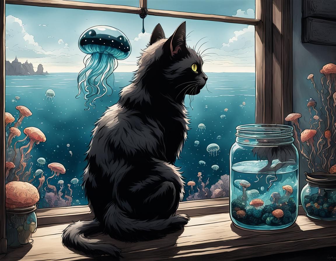 Ecosystem Inside Cat, Ink Drawing, Anime Key Visual