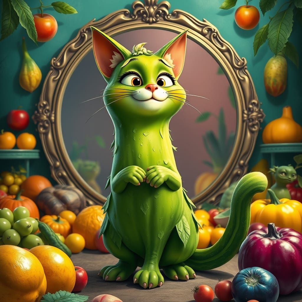 Fanciful Cat-Cucumber Hybrid in Vibrant Studio Setting