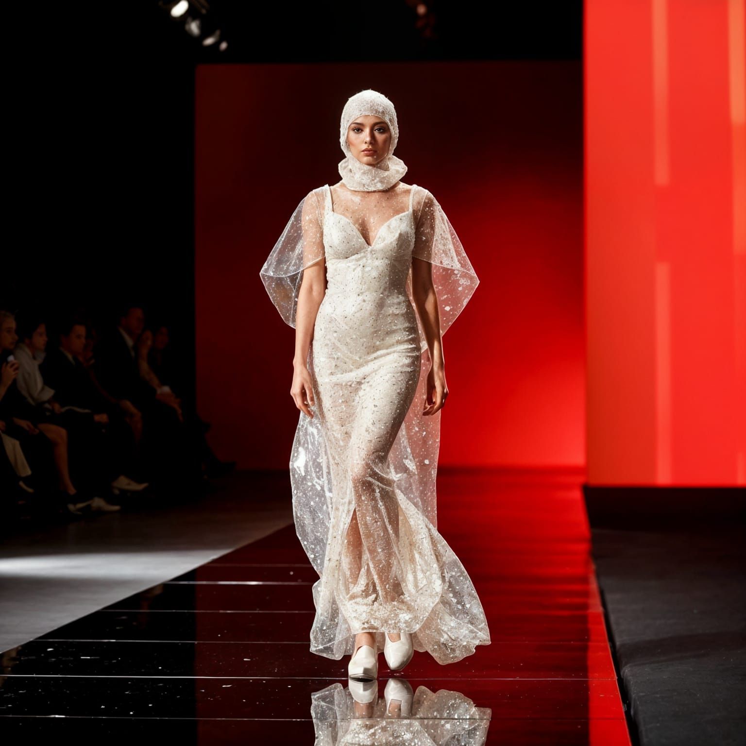 Ethereal Runway Goddess in Shimmering Bubblewrap Gown