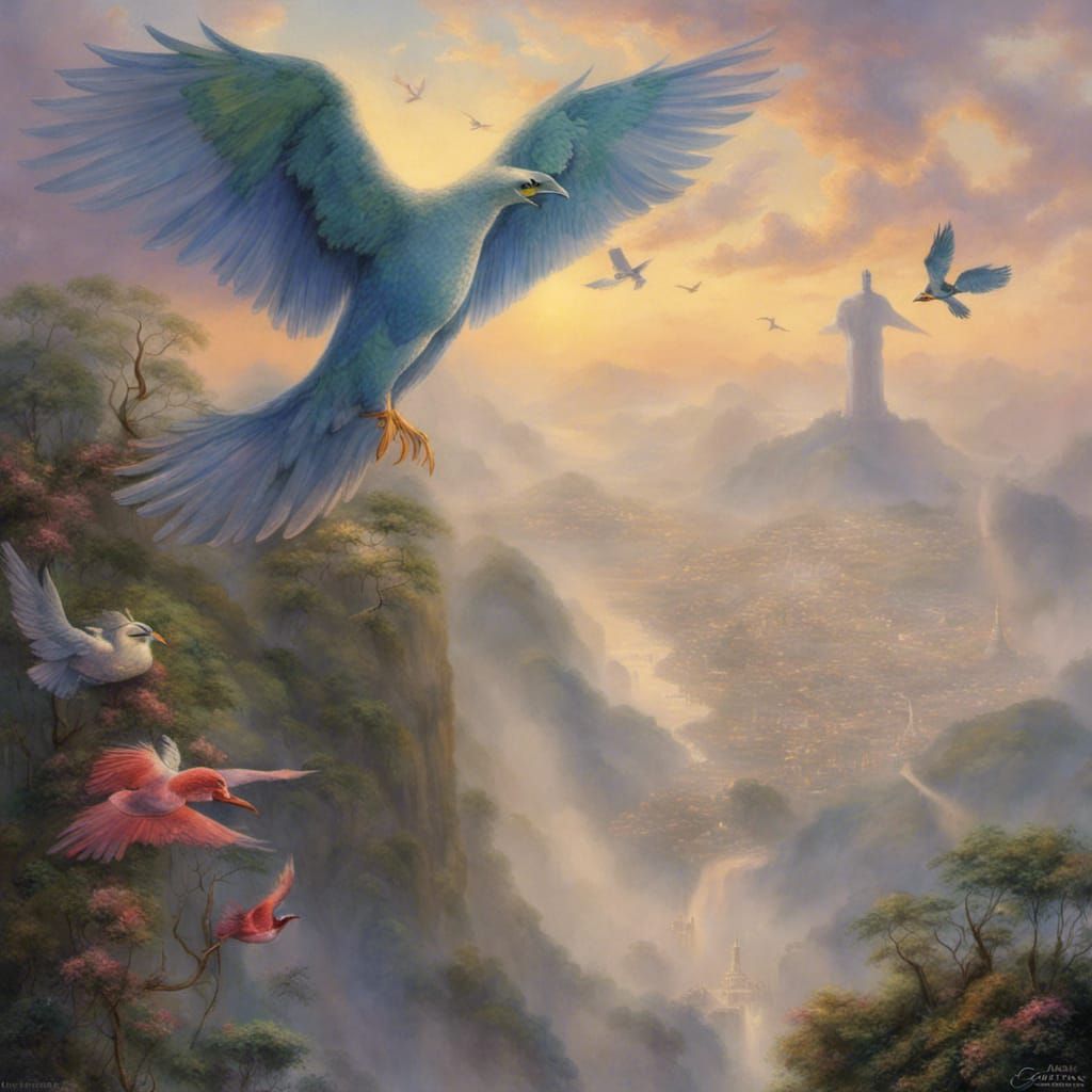Christ the Redeemer with Amazonian Birds in Ethereal Mist