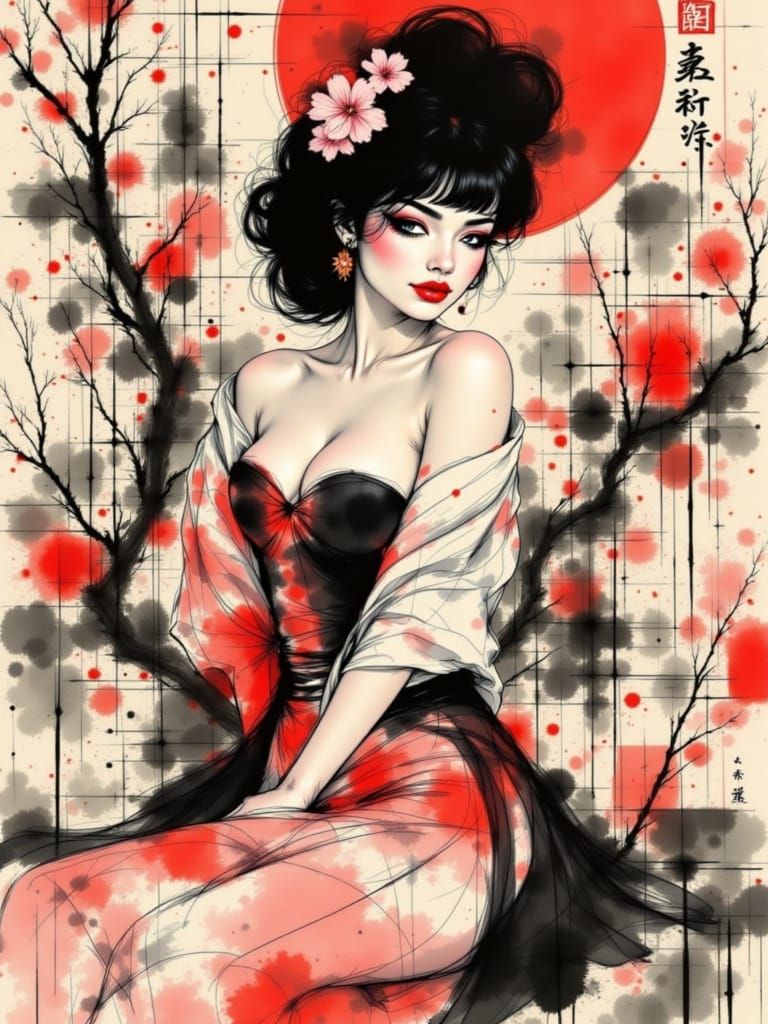 Abstract Pin-Up Figure with Geometric Garden