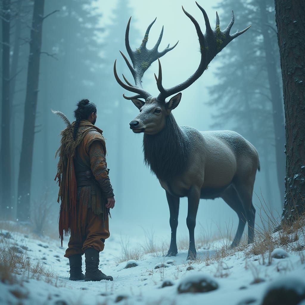 Mystical Deer Encounter in Frozen Forest