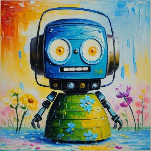 Robot in Floral Dress, Expressionist Impasto Painting