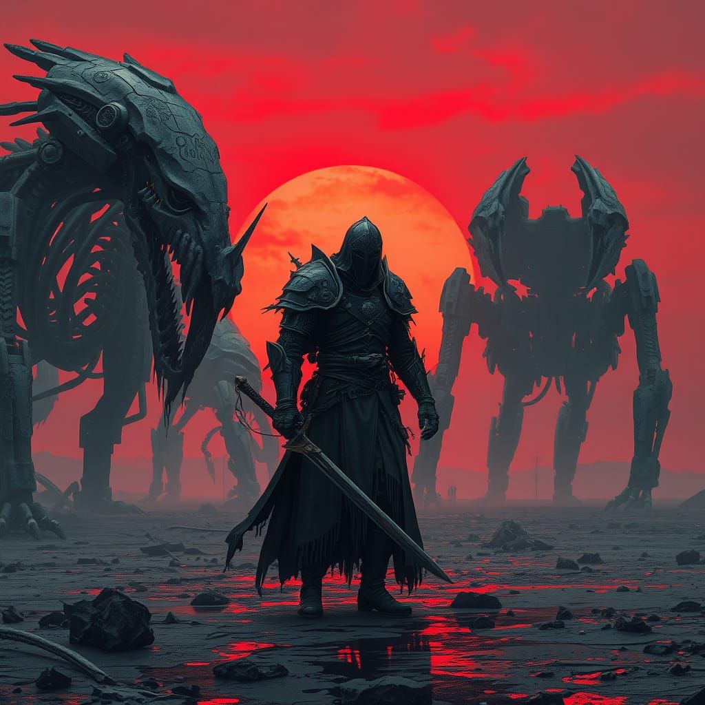 Cybernetic Knight in Wasteland, Cyberpunk Style