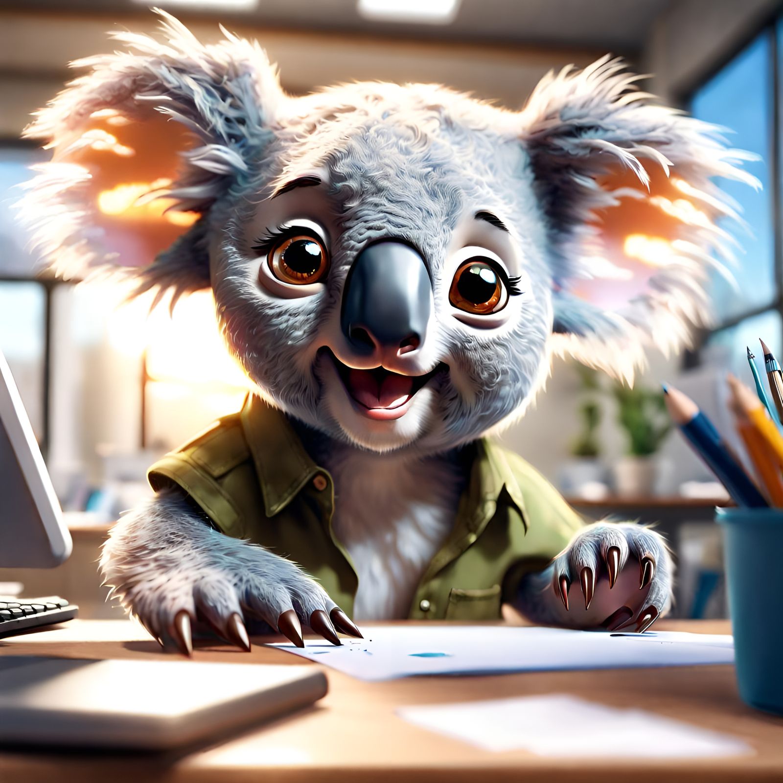 Shocked Cartoon Koala Portrait in Office, Digital Art