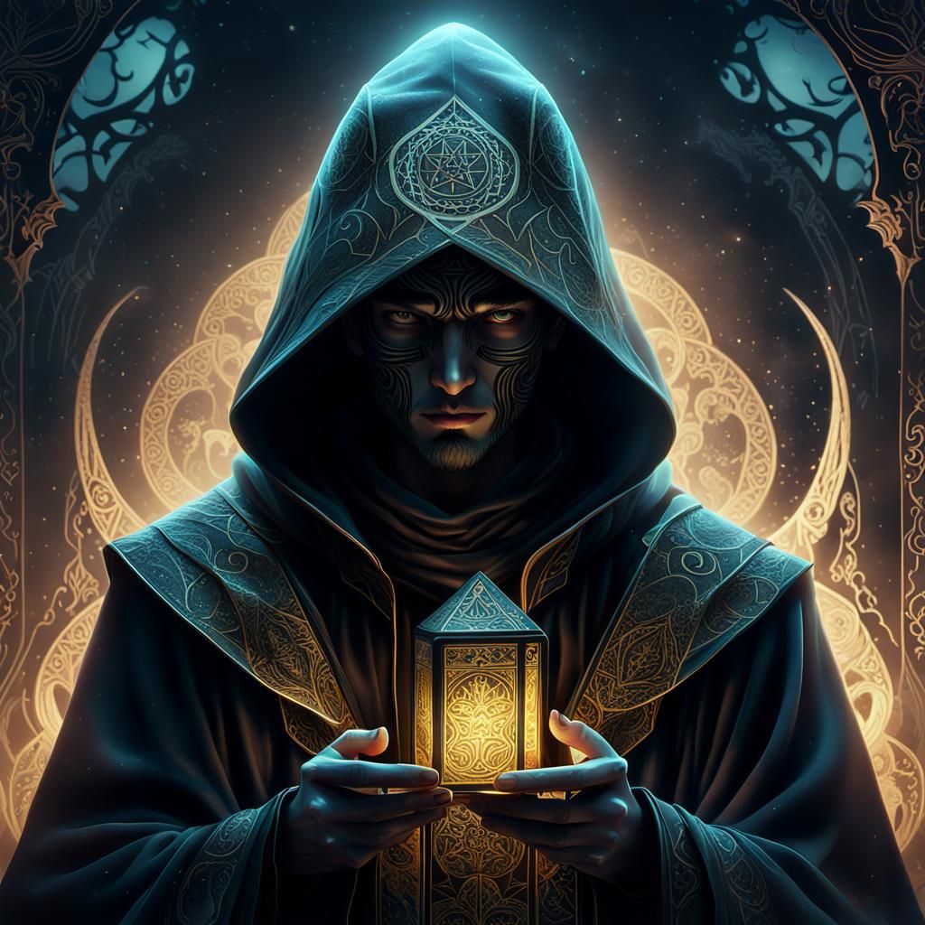 Mysterious Hooded Figure with Tarot Card in Anime Style