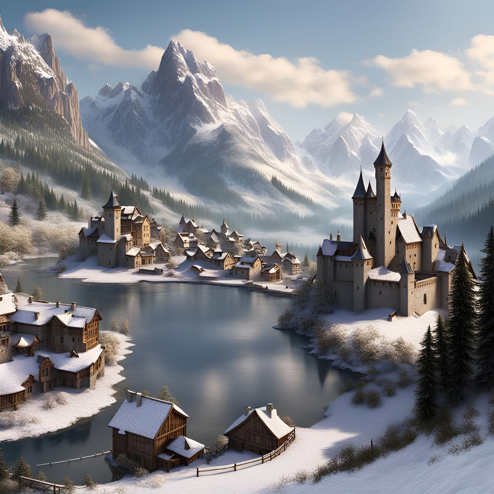 Snowy Medieval Lakeside Castle in Mountain Valley
