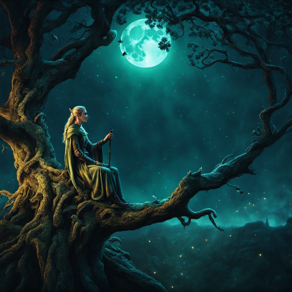 Elven Ranger in Moonlit Forest Digital Artwork