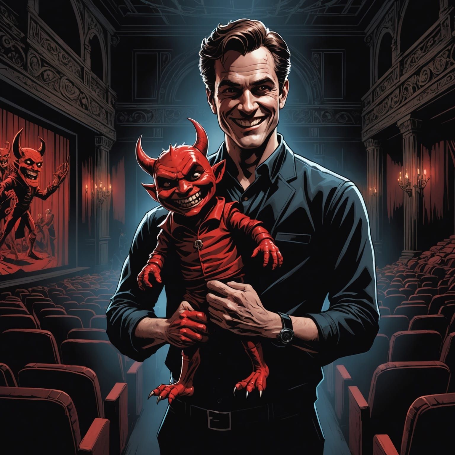 Man with Puppet in Comic Book Art Style