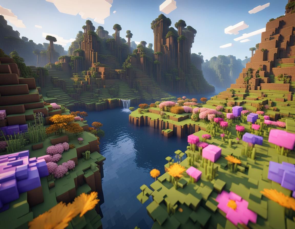 Minecraft, ultra shading, plain biome, Minecraft blocks, 
hyper-realistic Minecraft, river, flowers, daytime