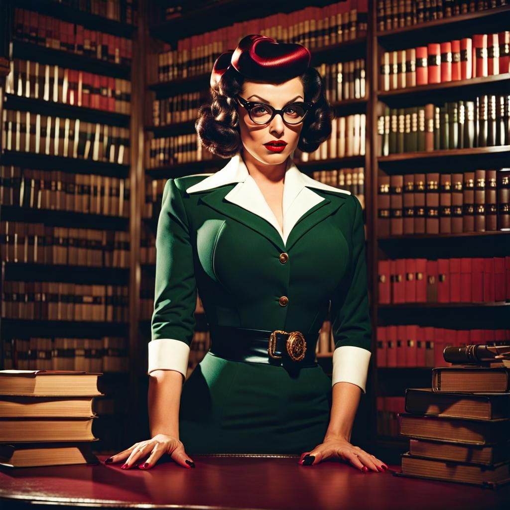 Evil Latex Librarian Pinup in Cinematic Style