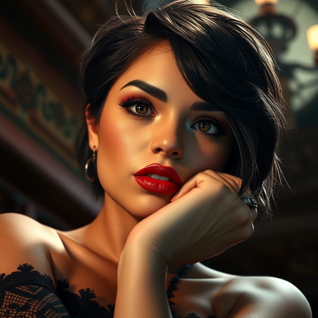 latina goth beauty poses in a classic pin up pose. She has s...