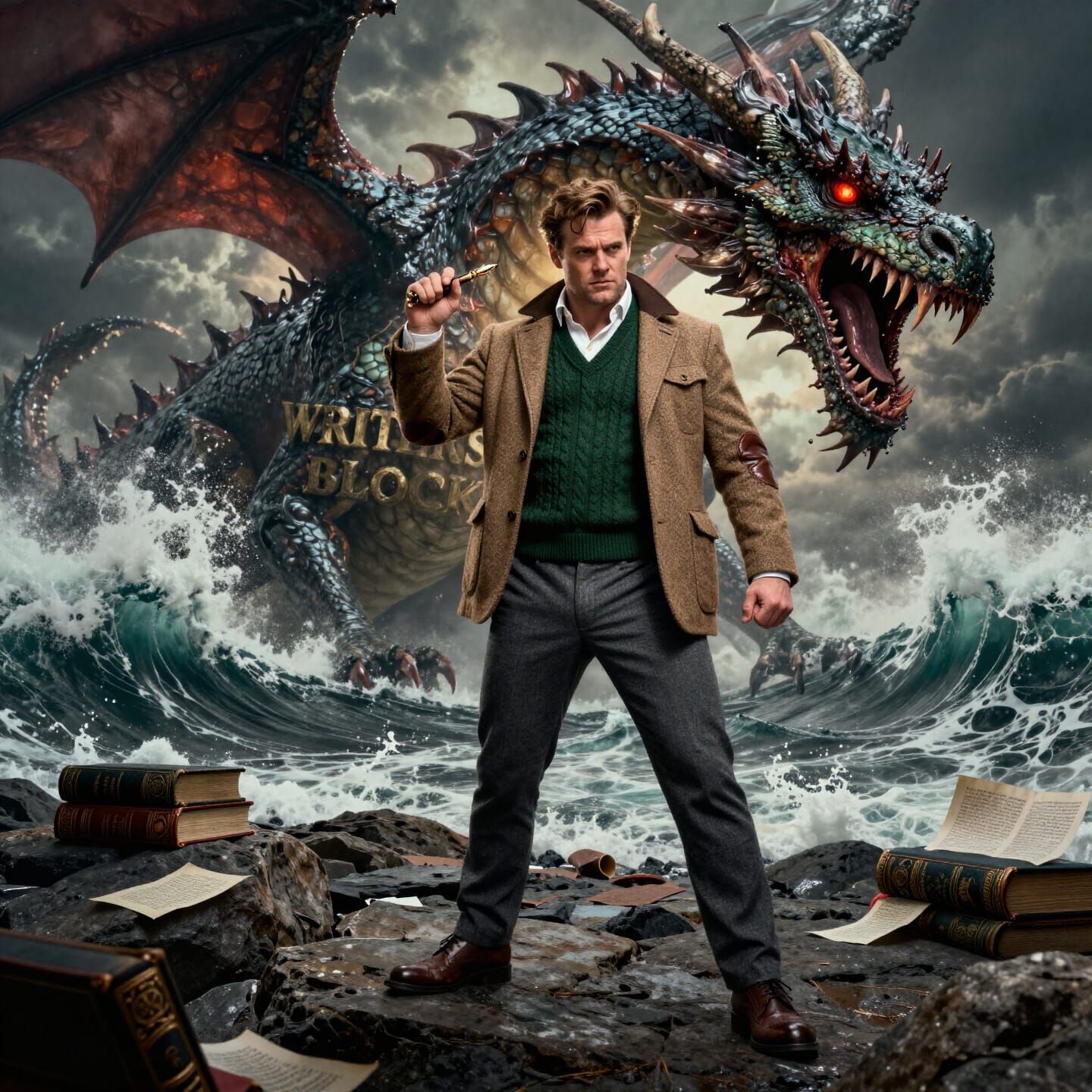 Writer Battles Dragon Representing Writer's Block on Shore