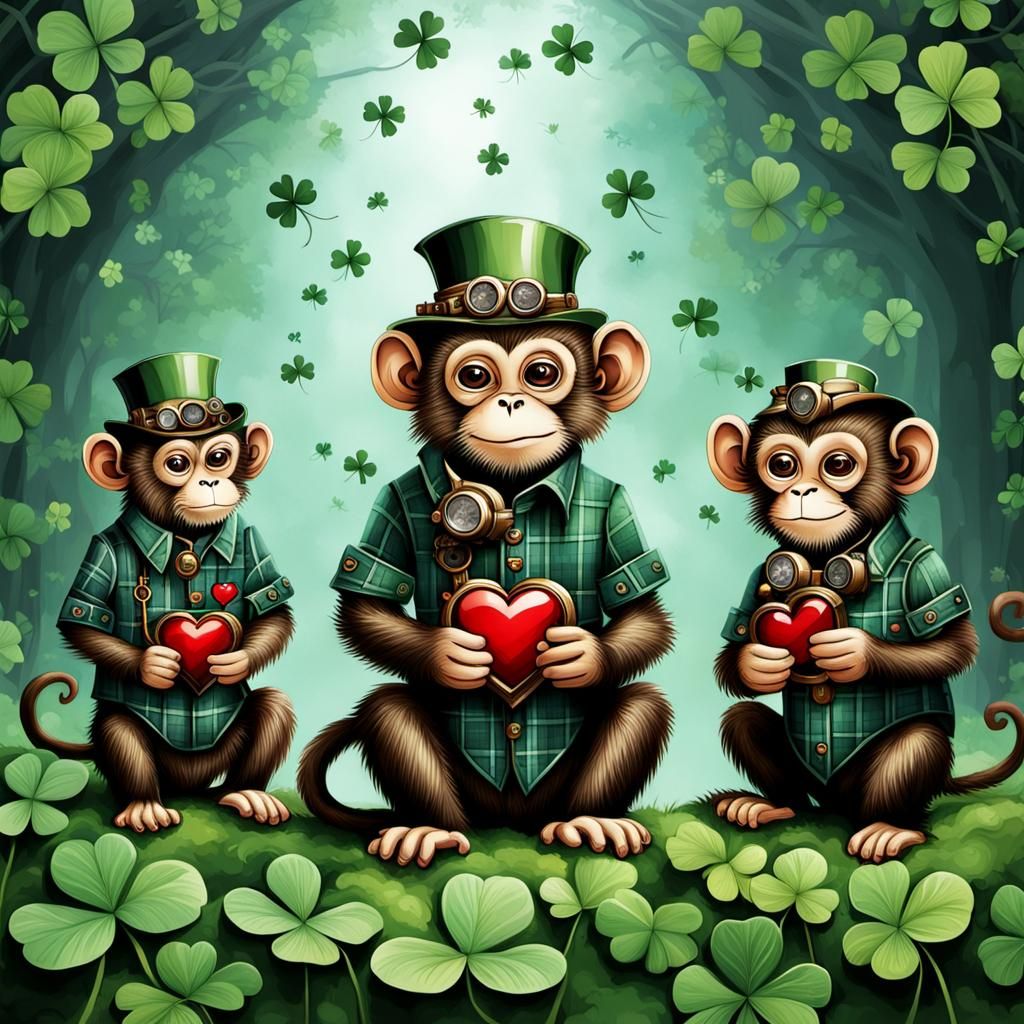 Monkeys Wearing Plaid Hearts in Steampunk Style