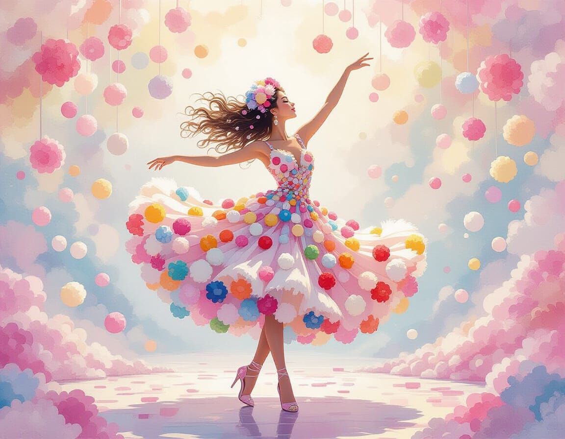 Pom-Pom Dancer in Watercolor Fantasy Setting