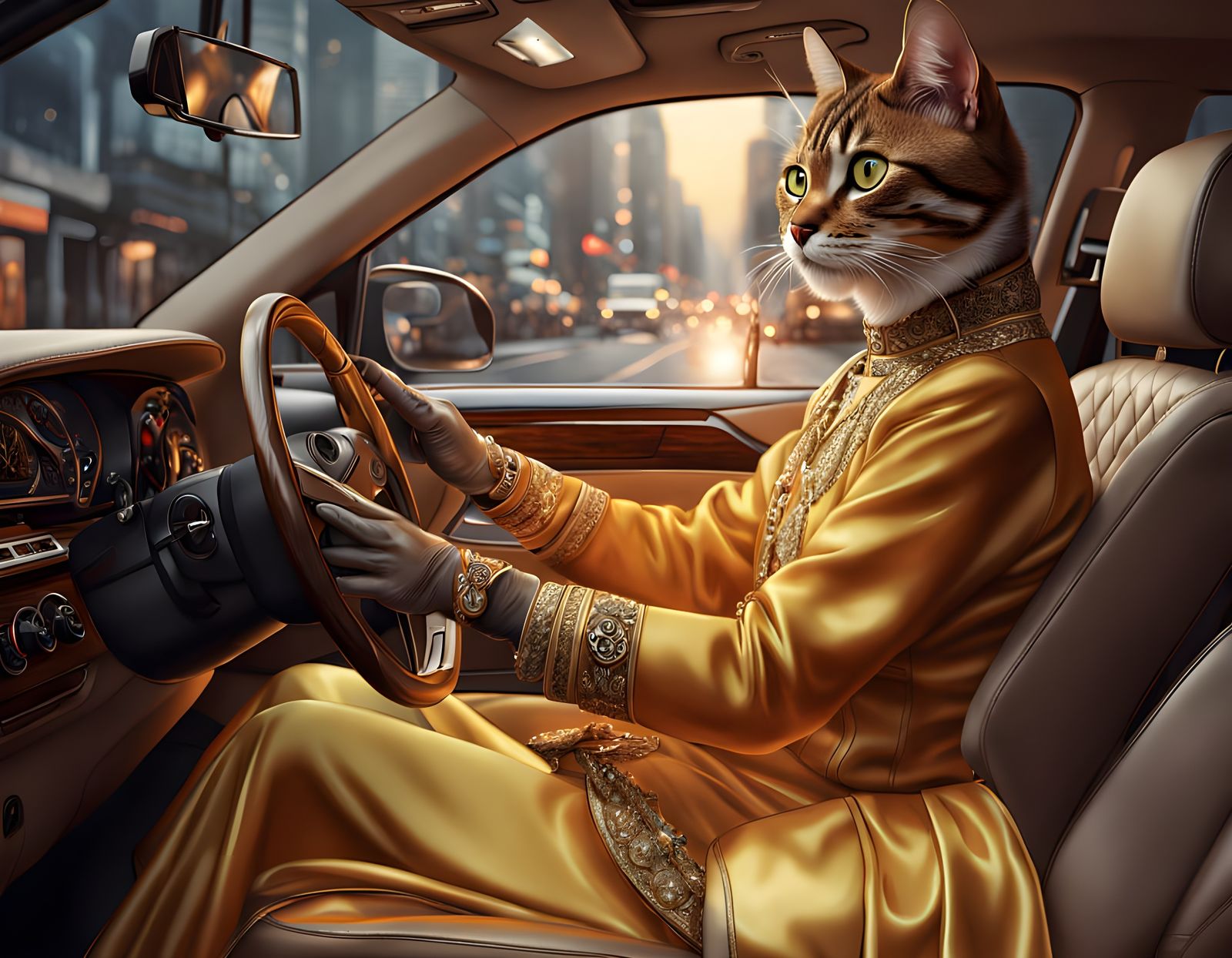 Glamorous Cat in Golden Dress Rides Luxury Car