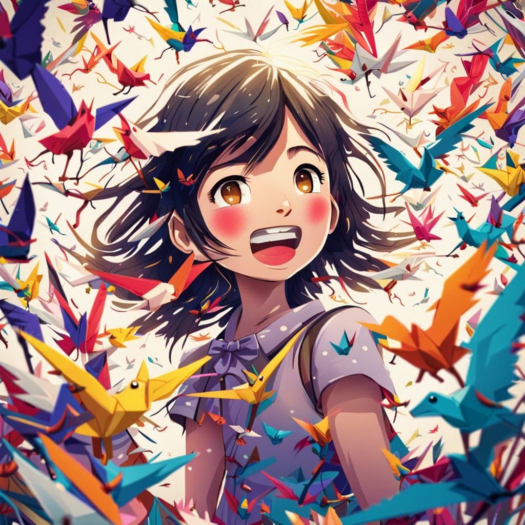 Girl Surrounded by Flying Origami Cranes